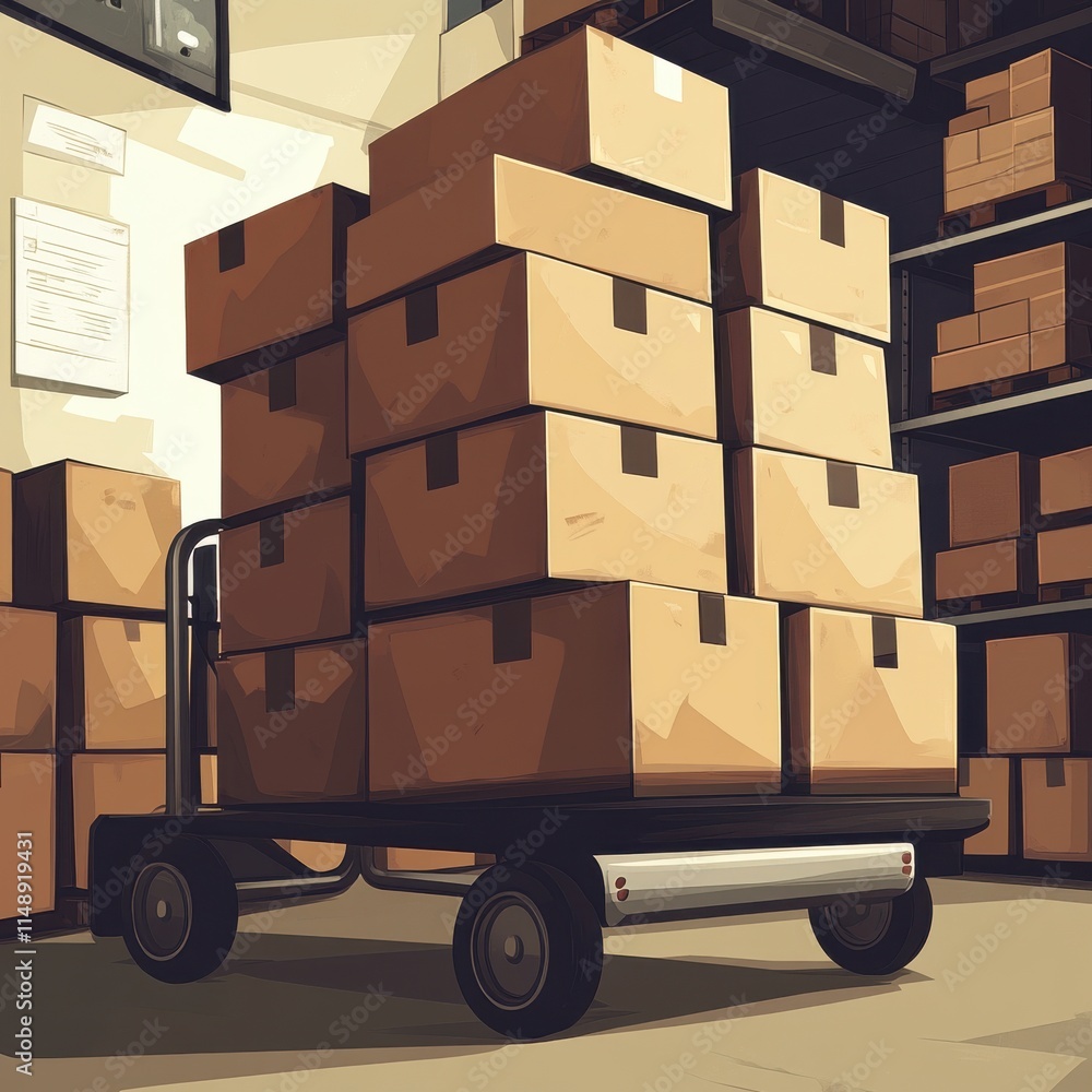 Poster a cart loaded with stacked cardboard boxes in a warehouse setting, highlighting efficient storage an