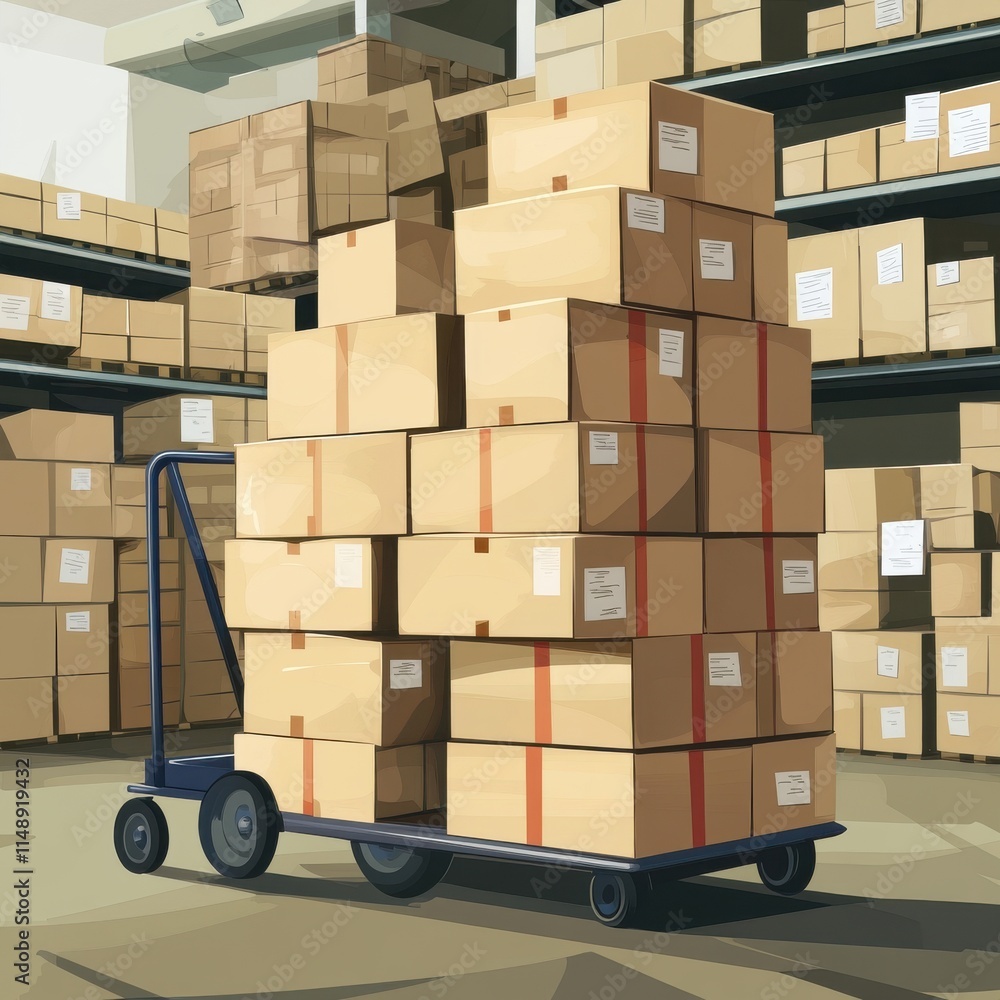 Poster a loaded cart with stacked cardboard boxes in a warehouse setting, showcasing a busy storage environ