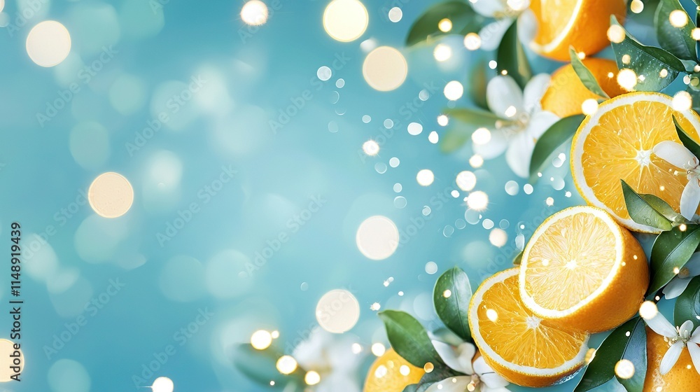 Poster a cluster of oranges adorned with foliage and blossoms against a azure backdrop, with soft haze eman
