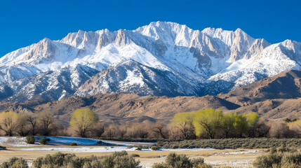 Majestic snow-capped mountains rise above a serene valley landscape.  Winter's touch is evident on the peaks and the foreground's sparse vegetation.  A clear blue sky provides a striking contrast.