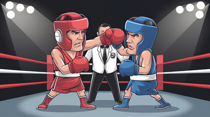 Boxing match, illustration in cartoon style. Two boxers fighting in the ring
