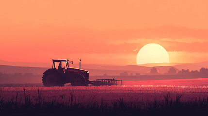 A tractor plows a field at sunset. this photo depicts the hard work and dedication of farmers, and can be used in agricultural articles or marketing campaigns. Wrought. Illustration