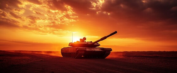 A tank silhouetted against a vibrant sunset, highlighting military presence.