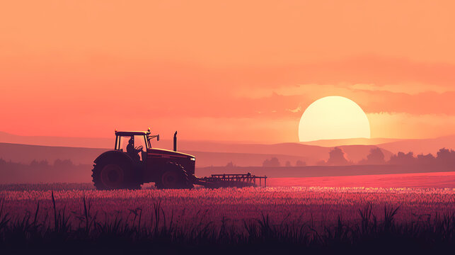 A tractor plows a field at sunset. this photo depicts the hard work and dedication of farmers, and can be used in agricultural articles or marketing campaigns. Wrought. Illustration