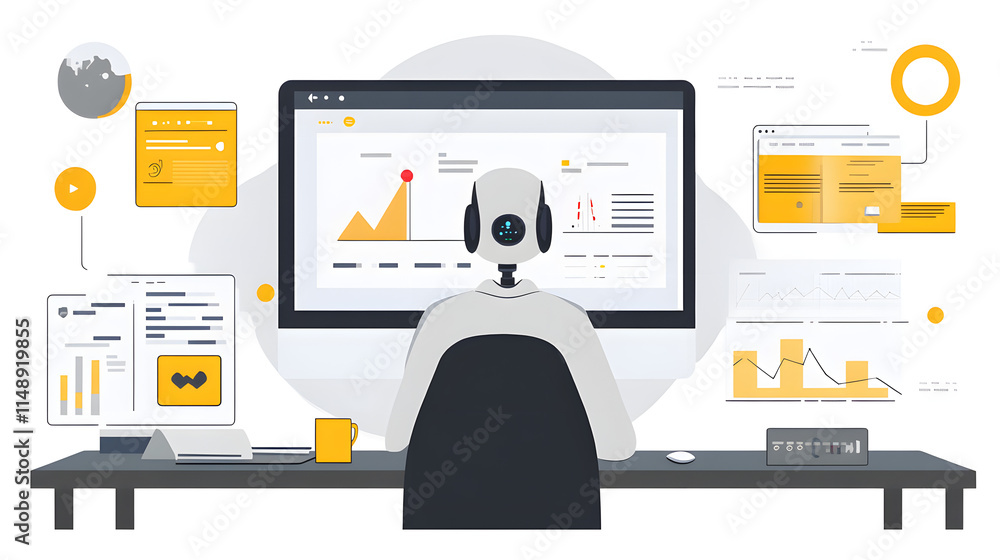 Poster a robot sits at a desk, analyzing data on a large computer screen surrounded by various charts and g
