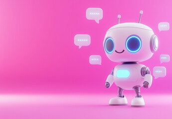 3d rendering. Smiling robot with mock up texts bubbles and messages. Generative AI.