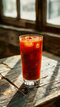 Alcoholic Bloody Mary Tomato Vodka Cocktail, Closeup of Alcohol Cocktails on Rustic Table Background with Copyspace