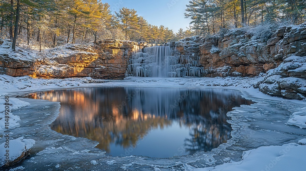 Poster a frozen pond in front of a waterfall with trees in the foreground and snow and rocks on the ground