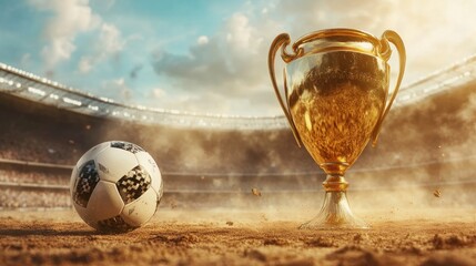 Soccer Ball and Golden Trophy in Stadium