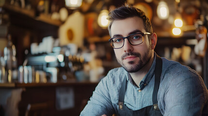 Fototapeta premium Portrait of a young, serious barista in a coffee shop. He's wearing glasses and an apron, sitting at the counter. The background is blurred, showing a busy cafe atmosphere.