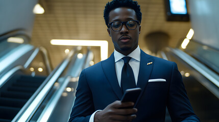 A businessman in a navy suit and glasses uses his smartphone while standing on an escalator in a modern building. He looks focused and professional.