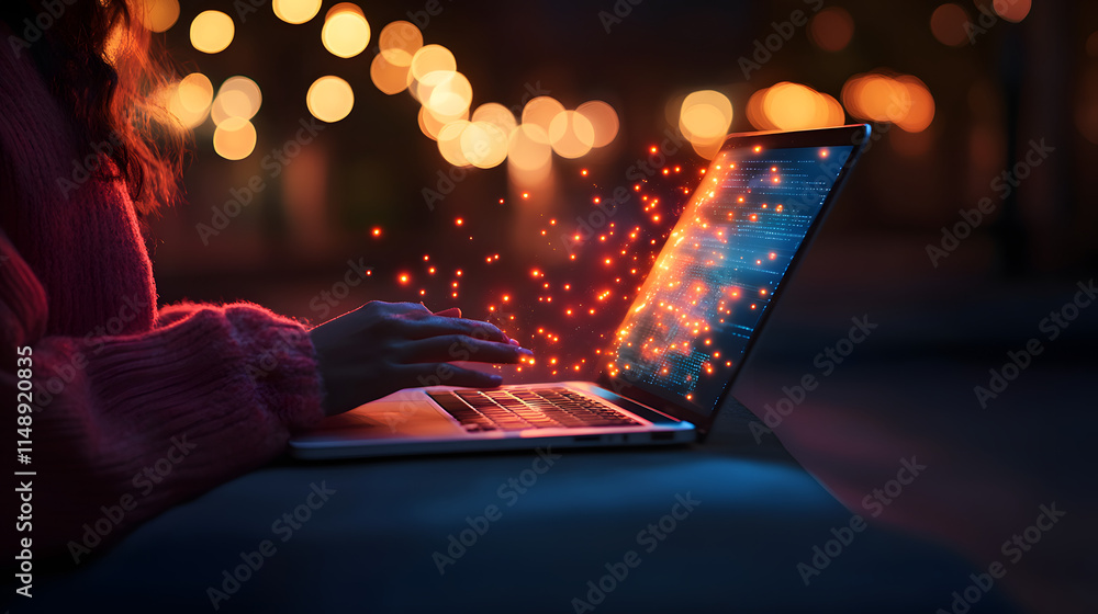 Poster woman's hands typing on laptop at night. glowing particles emanate from the screen, suggesting data 