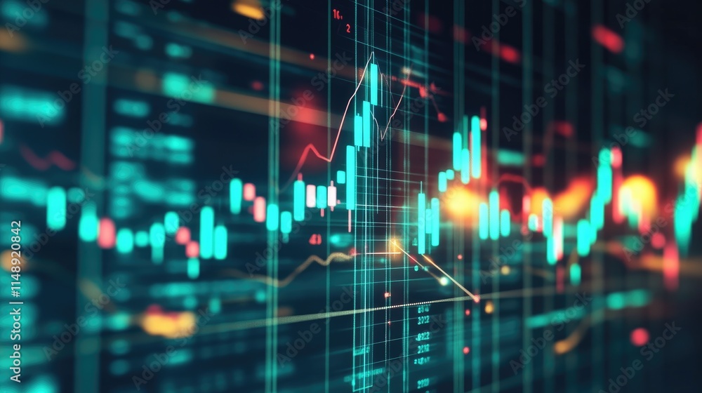 Poster abstract financial data visualization with stock market graphs, candlestick patterns, and colorful b