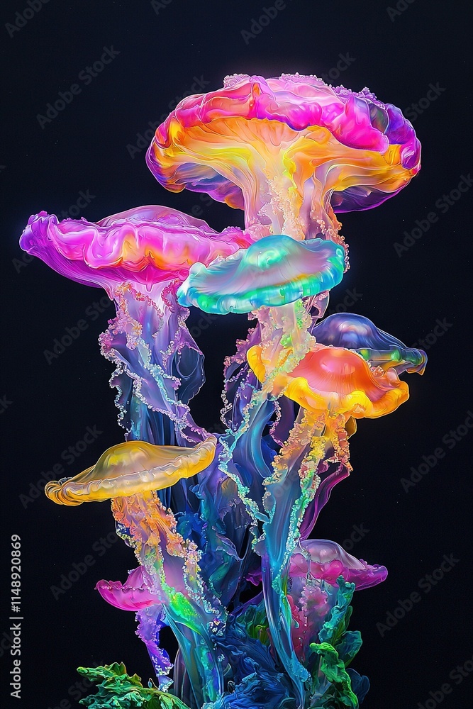 Poster   A group of colorful jellyfish float effortlessly through the water, casting mesmerizing patterns on the surface below as they sway gently with the current