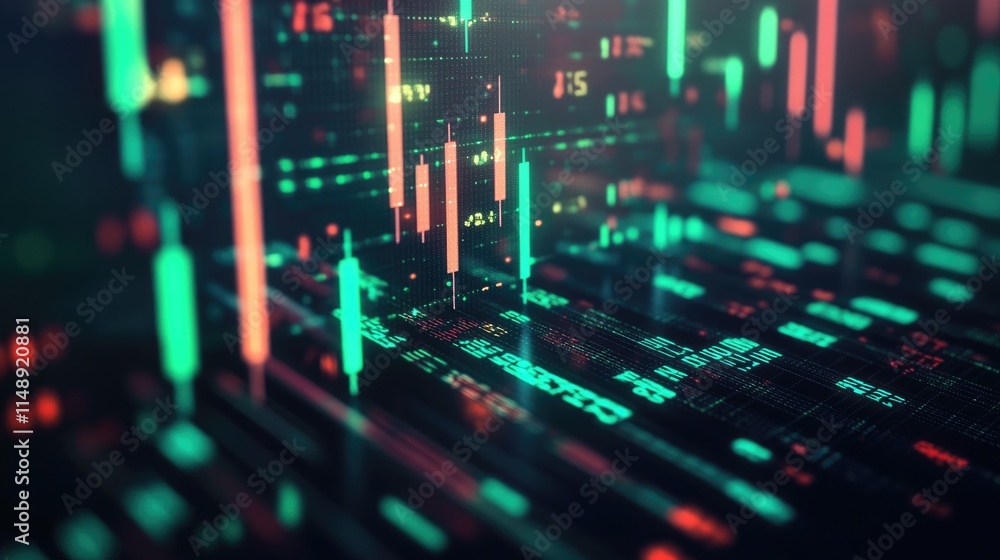 Poster abstract digital financial data visualization with vibrant neon colors reflecting stock market trend