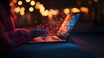 Woman's hands typing on laptop at night. Glowing particles emanate from the screen, suggesting data flow or coding. Warm bokeh lights in background.
