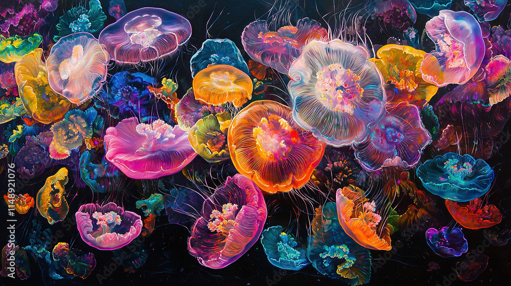 Poster a cluster of jellyfish drift in the sea beside one another on a dark canvas with a azure sky overhea