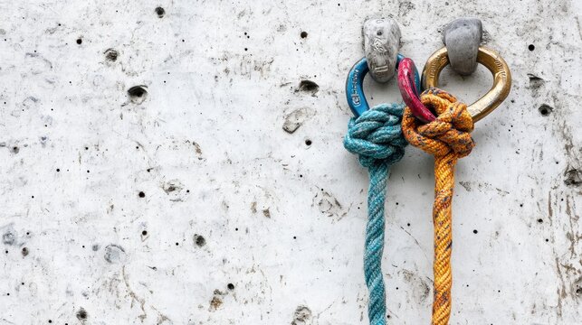 Climbing ropes tied in knots on a concrete wall.