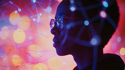 Silhouette of a person wearing glasses, illuminated by vibrant neon lights and a network of glowing lines.  The image evokes themes of technology, connection, and innovation.
