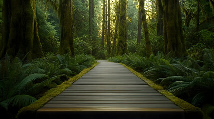 Obraz premium Oregon Forest Wooden Pathway with moss-covered trees and ferns, tranquil Pacific Northwest trail