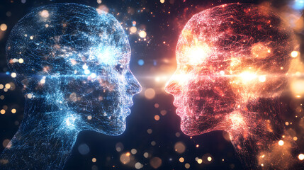 Naklejka premium Two glowing, abstract faces, one blue and one red, face each other against a bokeh background. Represents connection, duality, or AI.