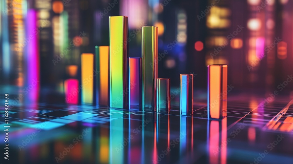 Poster colorful 3d bar graph on a reflective surface with digital elements and abstract backgrounds showcas
