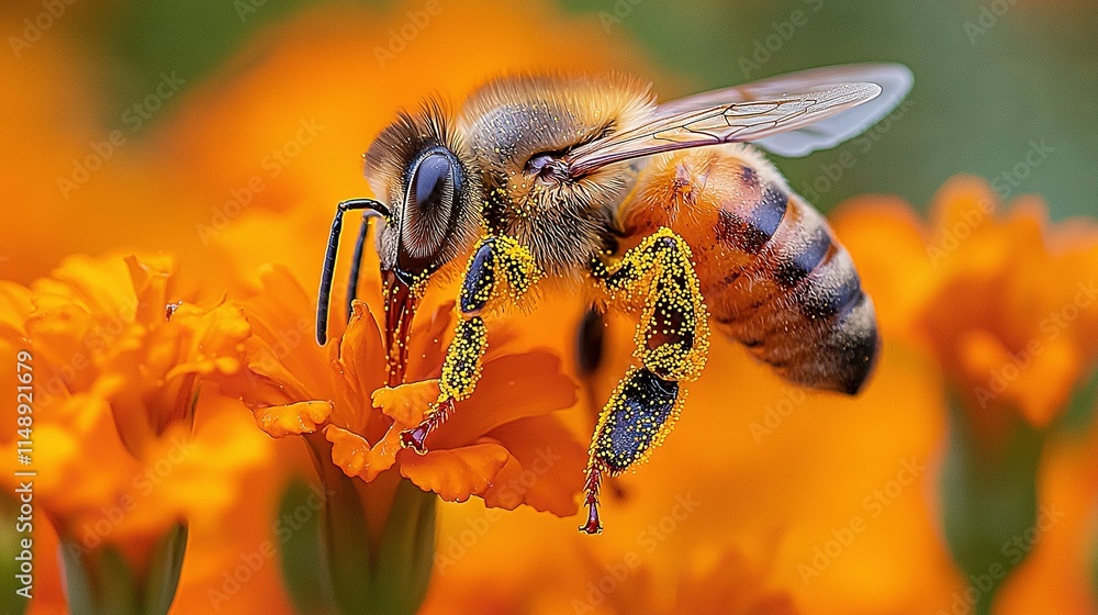 Poster a sharp photo of a bee hovering over a cluster of bright yellow flowers against a hazy backdrop