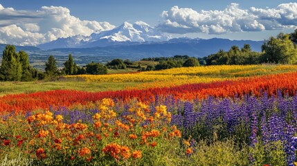 Vibrant Flower Fields with Snow-Capped Mountains in Background