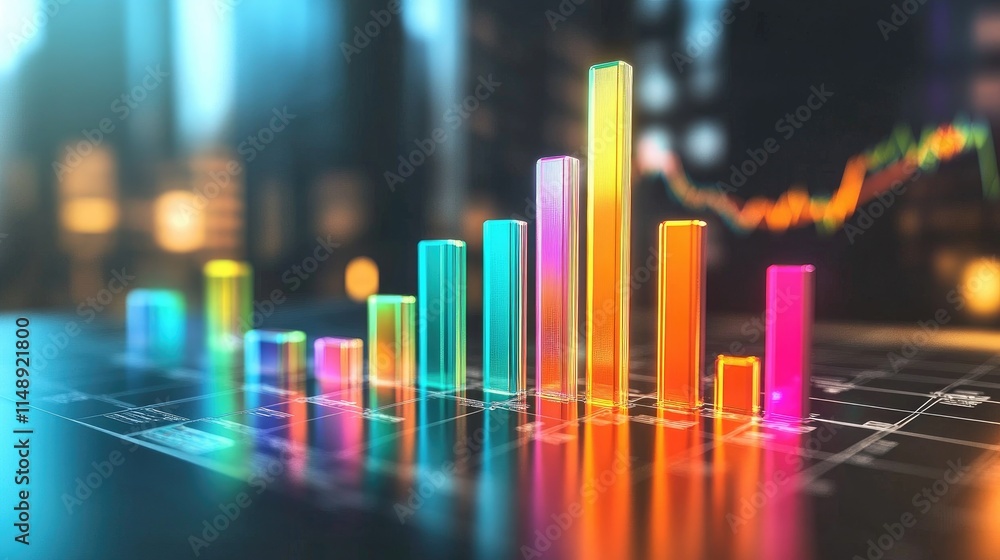 Poster colorful neon bar graph representing data growth in a modern digital business environment with blurr
