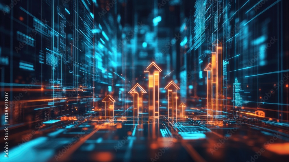 Poster abstract digital background representing technology, growth, and data with upward arrows in vibrant 