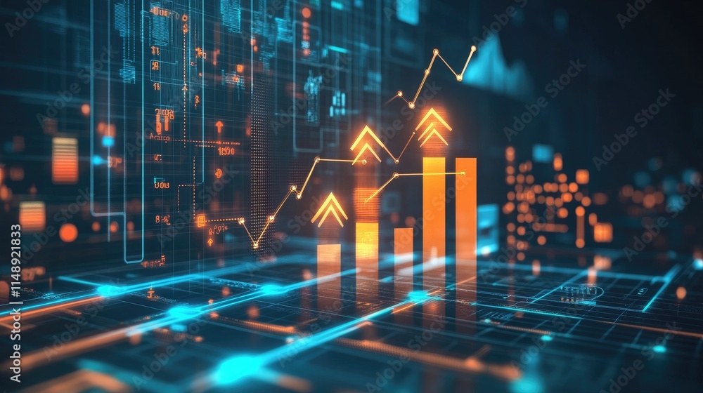 Poster futuristic data visualization with rising graphs and digital elements representing growth, technolog