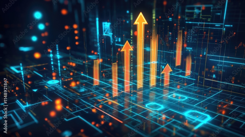 Poster abstract digital background representing business growth with glowing arrows and data points in a fu