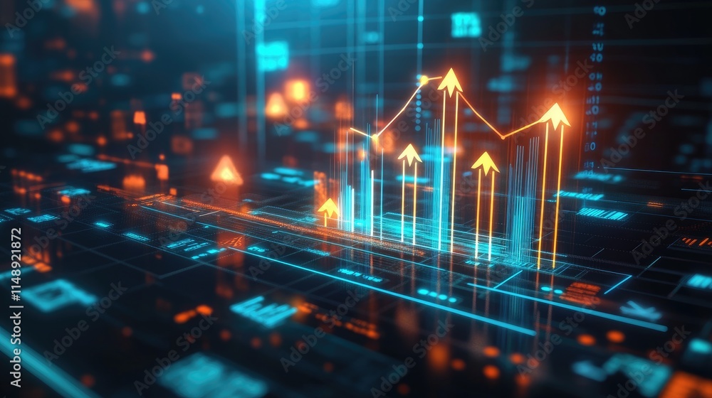 Poster futuristic digital interface with graphs and data analysis highlighting growth in technology and bus