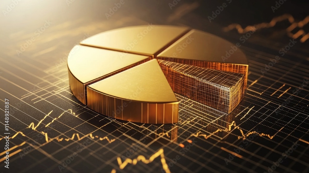 Poster golden pie chart on financial background representing data analysis and business growth with statist