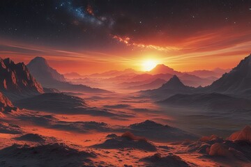 Naklejka premium Alien Planet Sunset Scenic View of Extraterrestrial Landscape in Space