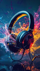 Black headphones surrounded by vivid light trails, glowing sparks, and abstract effects on a dark background, concept of music energy.