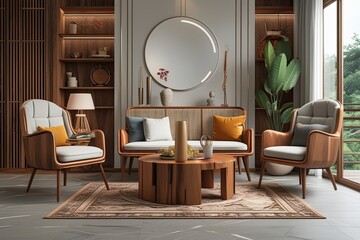 3D Interior Design Set with Wooden Furniture and Elegant Chairs for Home Decor