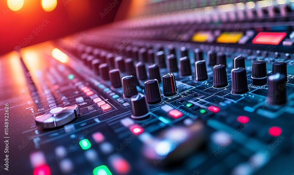 Poster close-up of a professional audio mixing console with knobs and lights.