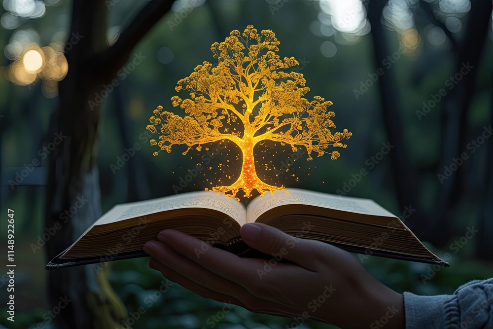 Poster hand holding open book with glowing tree representing knowledge and wisdom