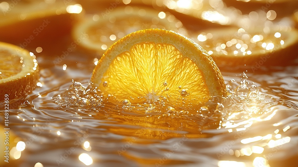 Poster a macro shot of an orange slice floating on water, dotted with droplets