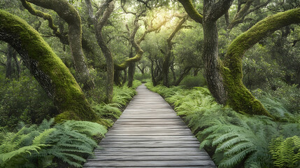 Oregon Forest Wooden Pathway with moss-covered trees and ferns, tranquil Pacific Northwest trail