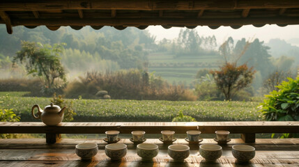 Traditional tea pots and cups displayed in a tea house overlooking a panoramic view of a plantation,