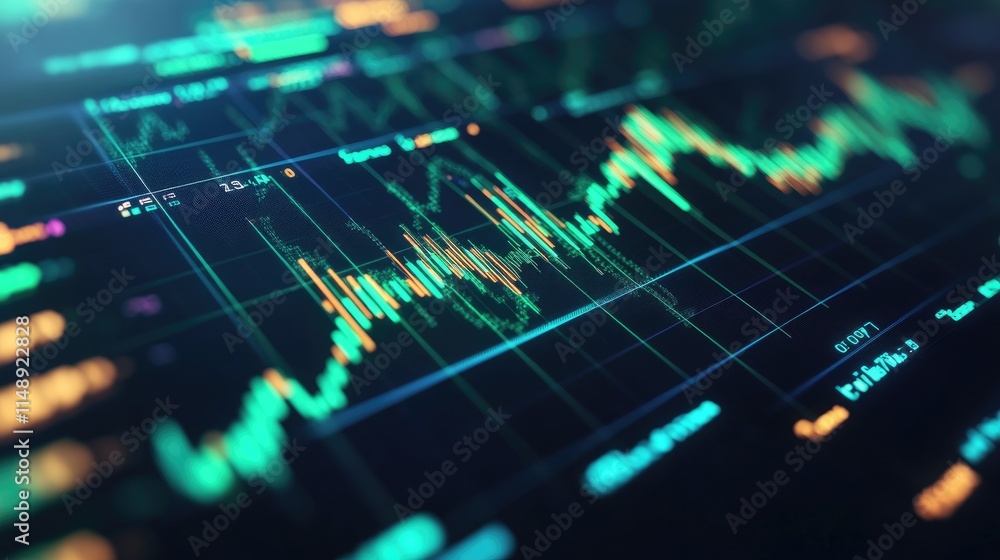 Poster dynamic digital graph representing stock market trends with vibrant colors, data visualizations, and