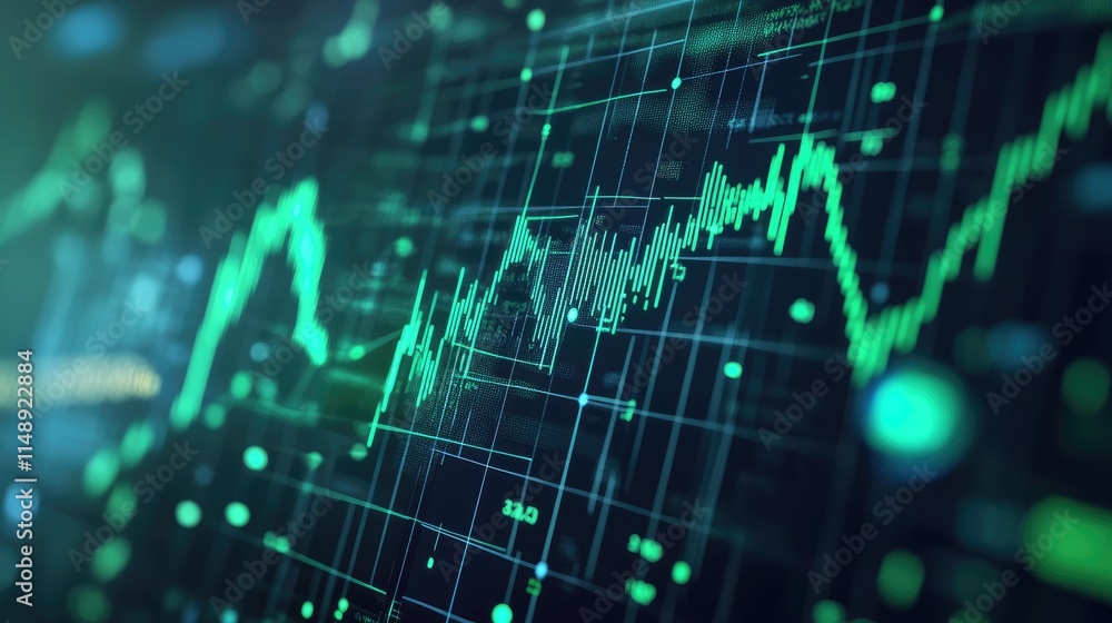 Poster abstract digital data visualization with fluctuating graphs and glowing green elements representing 