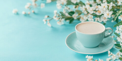 serene coffee cup surrounded by delicate white flowers on blue background