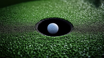 Golf ball sits perfectly in hole. Vibrant putting green background. Elite sports photo for golf course advertising lifestyle imagery. Success in sports captured. Ideal for golf club promotional