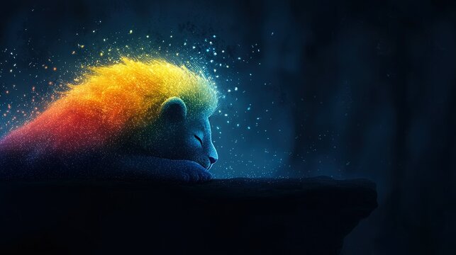   A cat laying with closed eyes and head turned to the side, featuring rainbow-colored fur