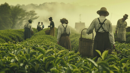 Vintage tea picking scenes recreated with workers dressed in period attire, evoking a timeless aesthetic,