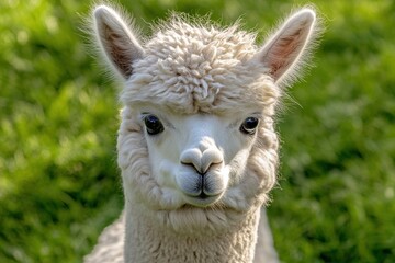 Obraz premium Detailed shot of a white alpaca gazing forward in a lush green field its adorable eyes focused on the camera Stock image