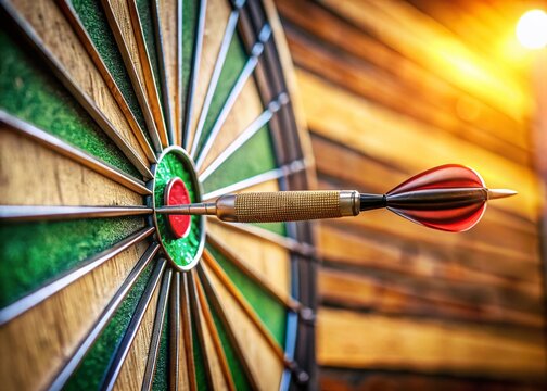 Dart hitting bullseye on wooden dartboard, close-up shot, rule of thirds composition.